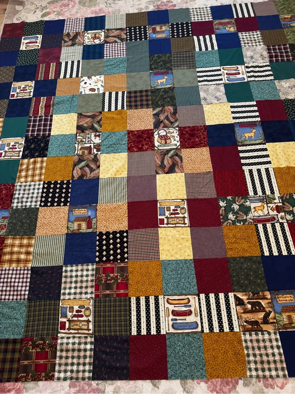 VTG 1999 Leslie Beck Cranston Print Works Queen Quilt Top Patchwork Cabin lodge